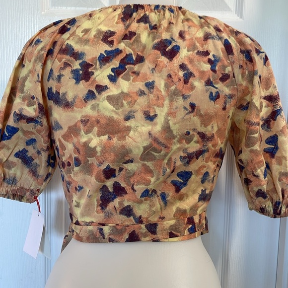OPEN EDIT YELLOW MELLOW GINKO FLORAL MUTED WRAP CROP TOP BLOUSE SIDE TIE SZ XS - Picture 7 of 13